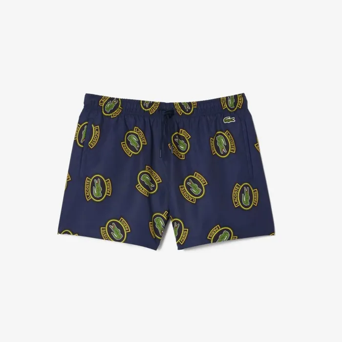 Shorts and Swim Men Lacoste Men039s Logo Badge Swim Trunks Navy Blue Yellow Z57