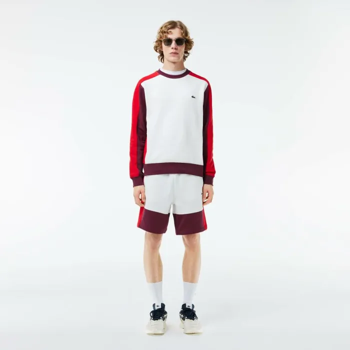 Shorts and Swim Men Lacoste Men039s Regular Fit Brushed Fleece Colorblock Shorts White Red Bordeaux Ig7