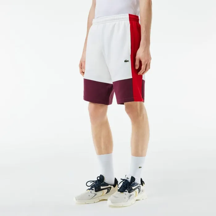 Shorts and Swim Men Lacoste Men039s Regular Fit Brushed Fleece Colorblock Shorts White Red Bordeaux Ig7