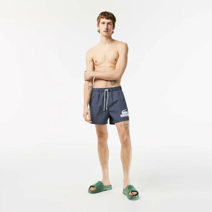 Shorts and Swim Men Lacoste Mens Checked Swim Trunks Navy Blue White Xch