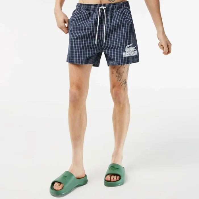 Shorts and Swim Men Lacoste Mens Checked Swim Trunks Navy Blue White Xch