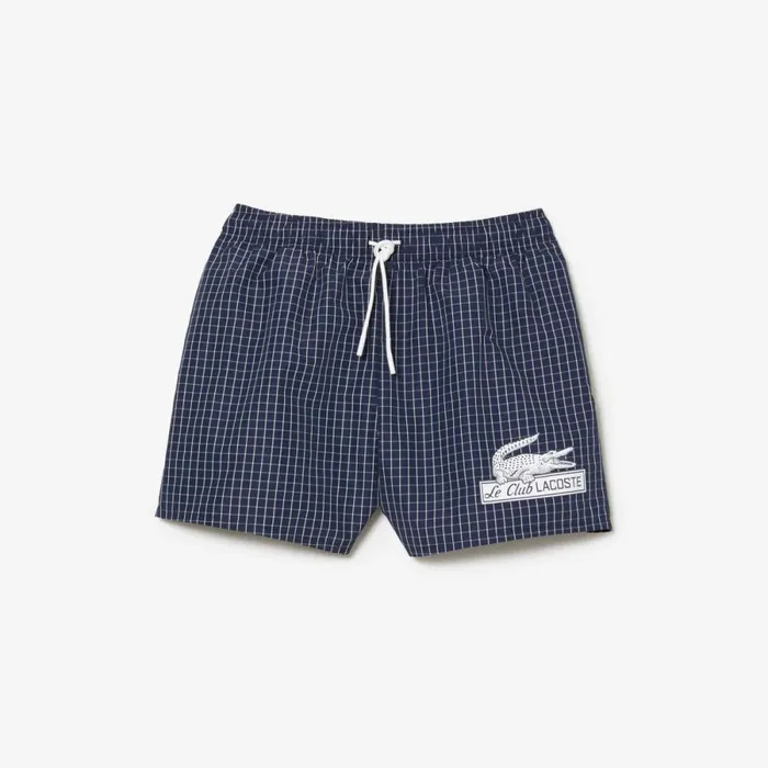 Shorts and Swim Men Lacoste Mens Checked Swim Trunks Navy Blue White Xch