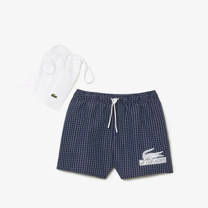 Shorts and Swim Men Lacoste Mens Checked Swim Trunks Navy Blue White Xch