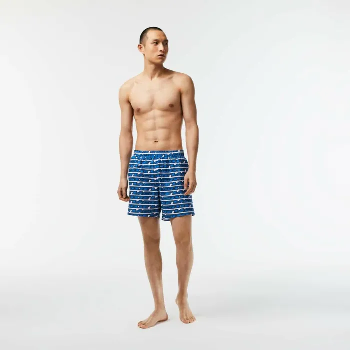 Shorts and Swim Men Lacoste Mens TwoTone Print Swim Trunks White Blue Any