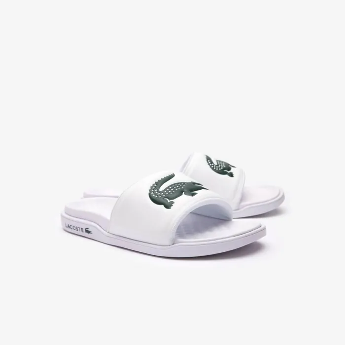 Slides Men Lacoste Men039s Croco Dualiste Logo Strap Slides Whitedark Green 1r5