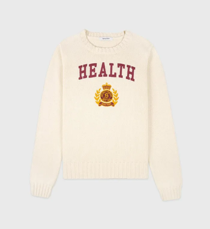 Sporty and Rich Knitwear Women NY Health Crest Knitted Sweater 8211 CreamMerlotGold Sporty and Rich Knitwear Women NY Health Crest Knitted Sweater 8211 CreamMerlotGold