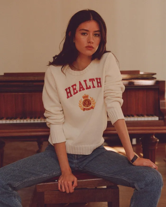 Sporty and Rich Knitwear Women NY Health Crest Knitted Sweater 8211 CreamMerlotGold
