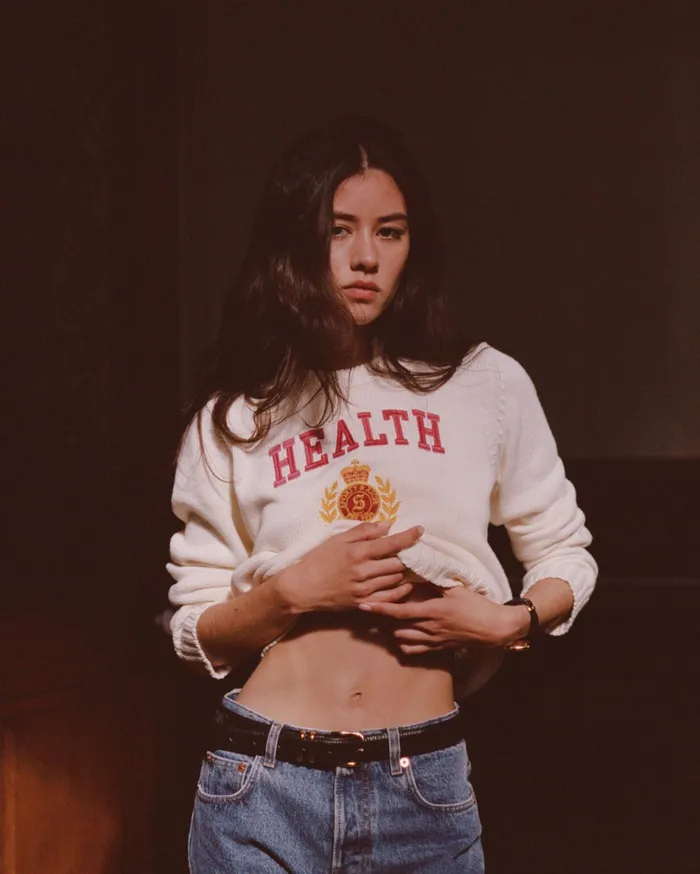 Sporty and Rich Knitwear Women NY Health Crest Knitted Sweater 8211 CreamMerlotGold