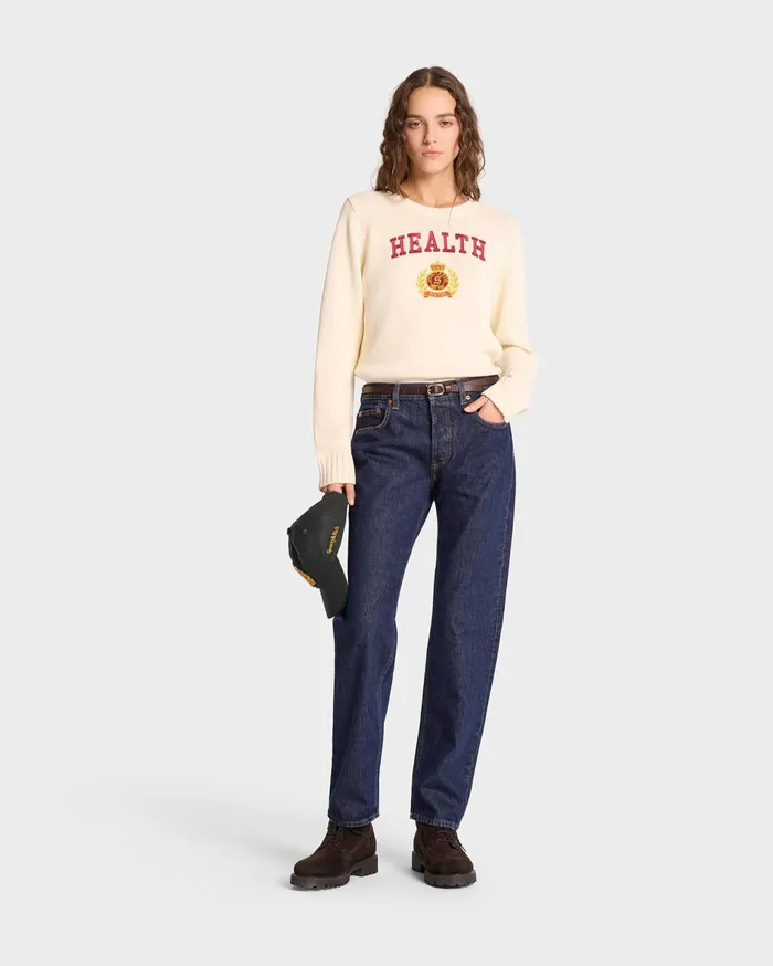 Sporty and Rich Knitwear Women NY Health Crest Knitted Sweater 8211 CreamMerlotGold