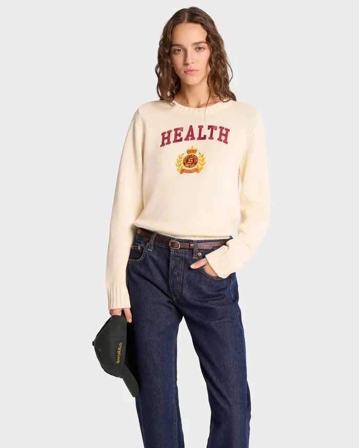 Sporty and Rich Knitwear Women NY Health Crest Knitted Sweater 8211 CreamMerlotGold