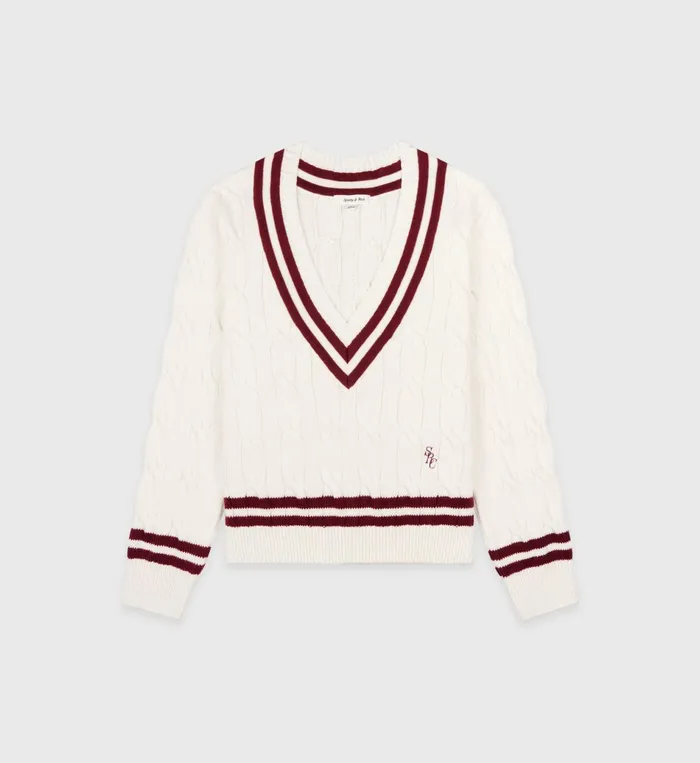 Sporty and Rich Knitwear Women SRC Cableknit VNeck Sweater 8211 Off WhiteMerlot Sporty and Rich Knitwear Women SRC Cableknit VNeck Sweater 8211 Off WhiteMerlot