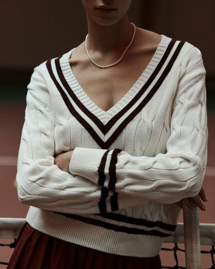 Sporty and Rich Knitwear Women SRC Cableknit VNeck Sweater 8211 Off WhiteMerlot