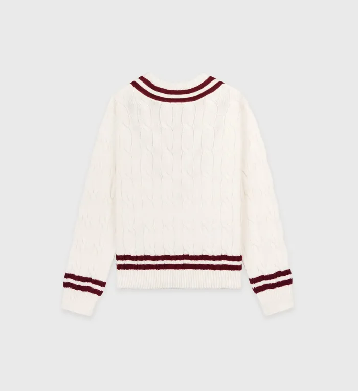 Sporty and Rich Knitwear Women SRC Cableknit VNeck Sweater 8211 Off WhiteMerlot