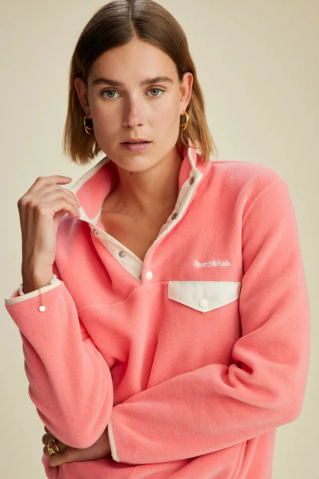 Sporty and Rich Polar Fleece And Sherpa Women Buttoned Polar Sweatshirt 8211 StrawberryCream