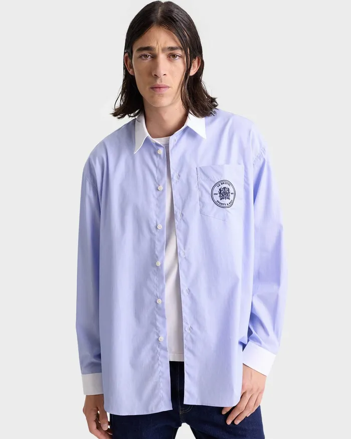 Sporty and Rich Shirting Women Bristol Crest Oversized Shirt 8211 WhiteNavy Stripe