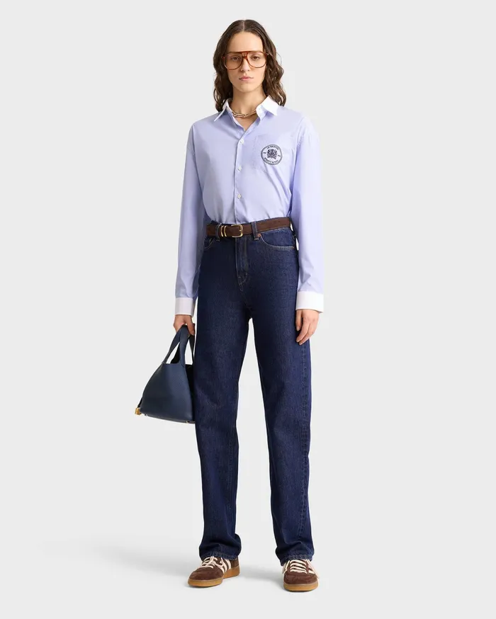 Sporty and Rich Shirting Women Bristol Crest Oversized Shirt 8211 WhiteNavy Stripe