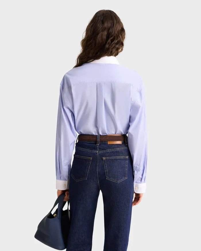 Sporty and Rich Shirting Women Bristol Crest Oversized Shirt 8211 WhiteNavy Stripe