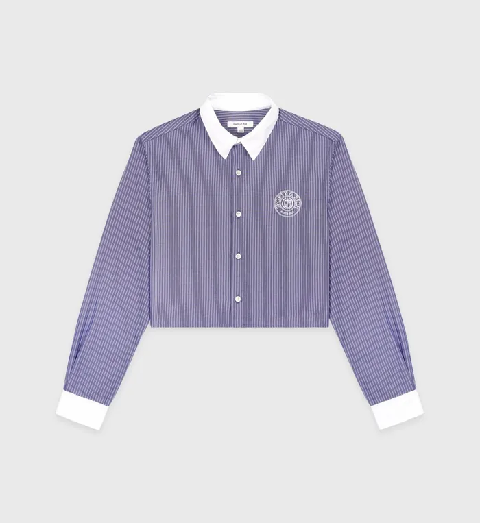 Sporty and Rich Shirting Women Connecticut Crest Cropped Shirt 8211 Navy StripedWhite Sporty and Rich Shirting Women Connecticut Crest Cropped Shirt 8211 Navy StripedWhite