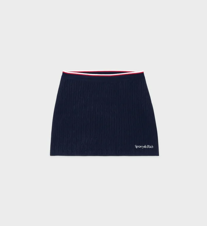 Sporty and Rich Skirts and Dresses Women Serif Logo Mini Cable Skirt 8211 NavyOff WhiteRed Sporty and Rich Skirts and Dresses Women Serif Logo Mini Cable Skirt 8211 NavyOff WhiteRed