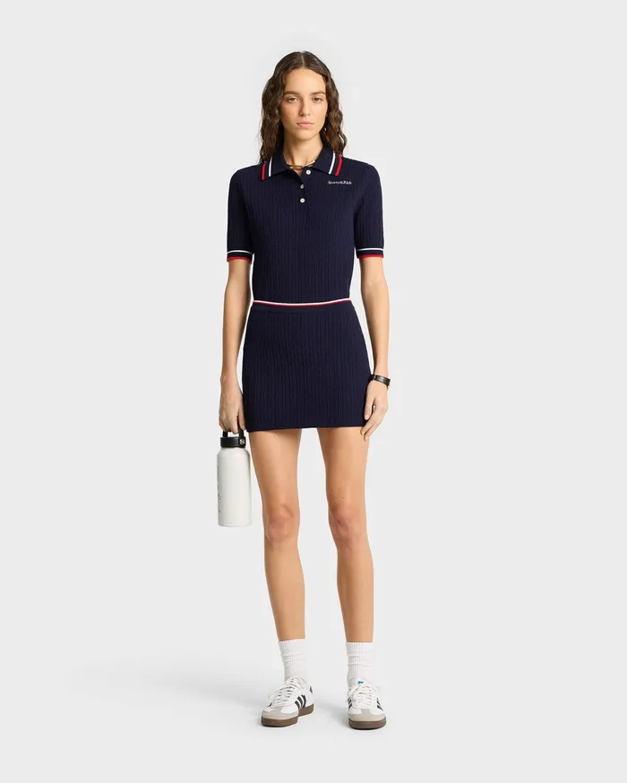 Sporty and Rich Skirts and Dresses Women Serif Logo Mini Cable Skirt 8211 NavyOff WhiteRed