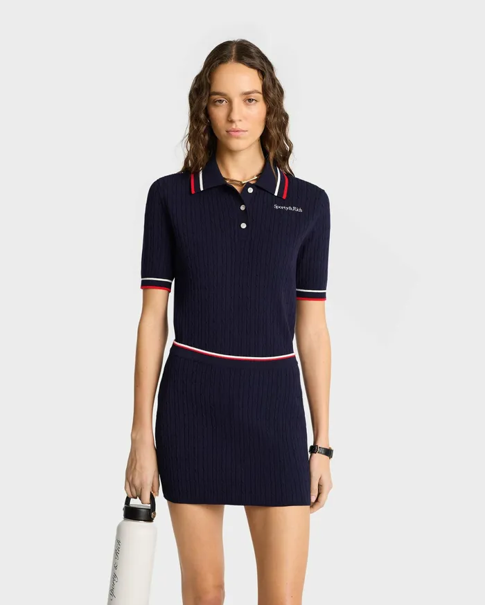 Sporty and Rich Skirts and Dresses Women Serif Logo Mini Cable Skirt 8211 NavyOff WhiteRed