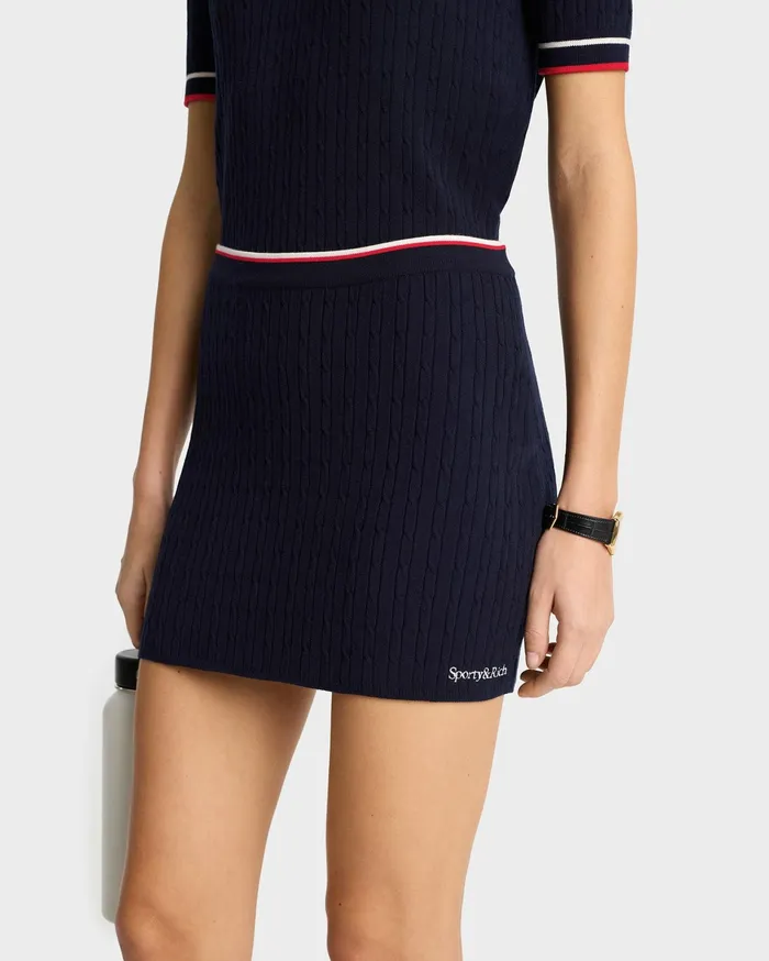 Sporty and Rich Skirts and Dresses Women Serif Logo Mini Cable Skirt 8211 NavyOff WhiteRed