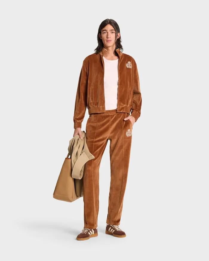 Sporty and Rich Sweatpants Women NY Crest Velour Track Pant 8211 TobaccoCream