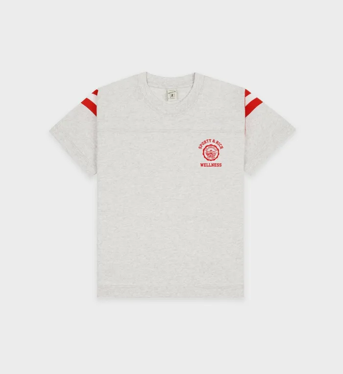 Sporty and Rich TShirts and Tops Women Emblem Rugby Tee 8211 Heather GraySports Red Sporty and Rich TShirts and Tops Women Emblem Rugby Tee 8211 Heather GraySports Red