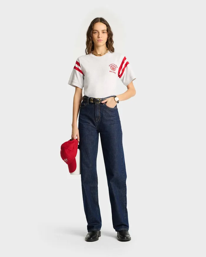 Sporty and Rich TShirts and Tops Women Emblem Rugby Tee 8211 Heather GraySports Red