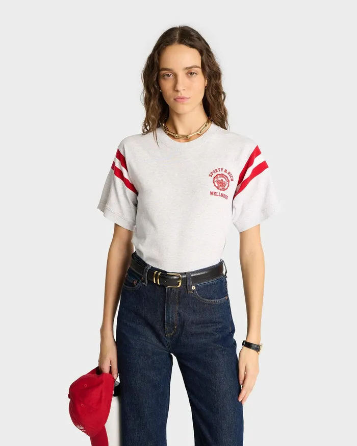 Sporty and Rich TShirts and Tops Women Emblem Rugby Tee 8211 Heather GraySports Red