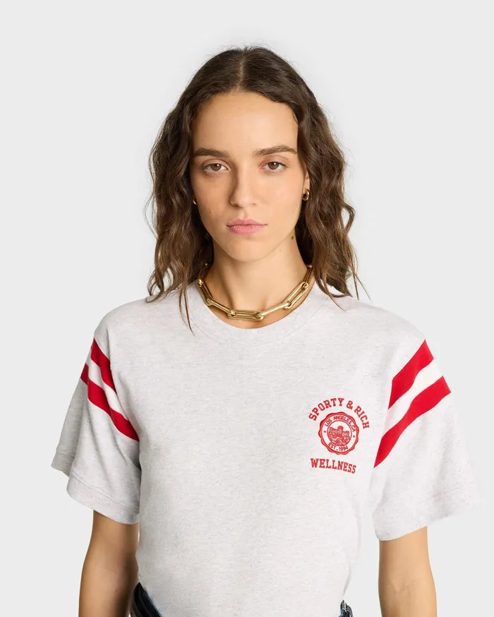 Sporty and Rich TShirts and Tops Women Emblem Rugby Tee 8211 Heather GraySports Red