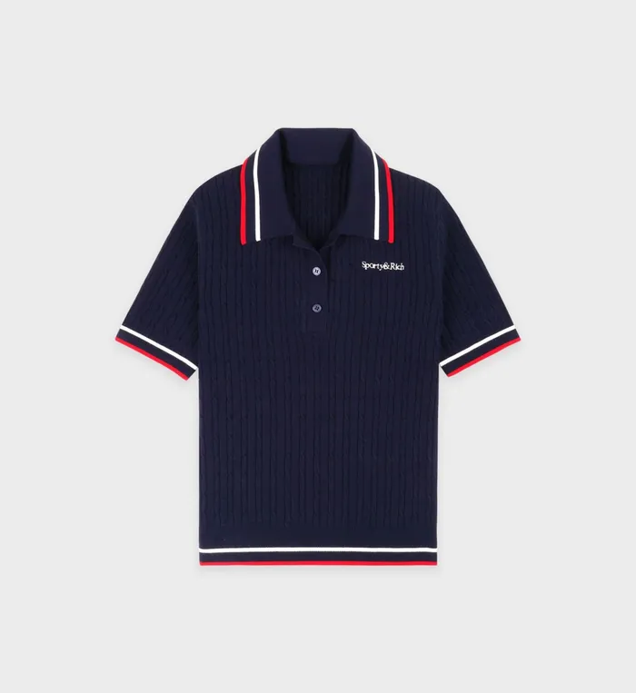 Sporty and Rich TShirts and Tops Women Serif Logo Mini Cable Polo 8211 NavyOff WhiteRed Sporty and Rich TShirts and Tops Women Serif Logo Mini Cable Polo 8211 NavyOff WhiteRed
