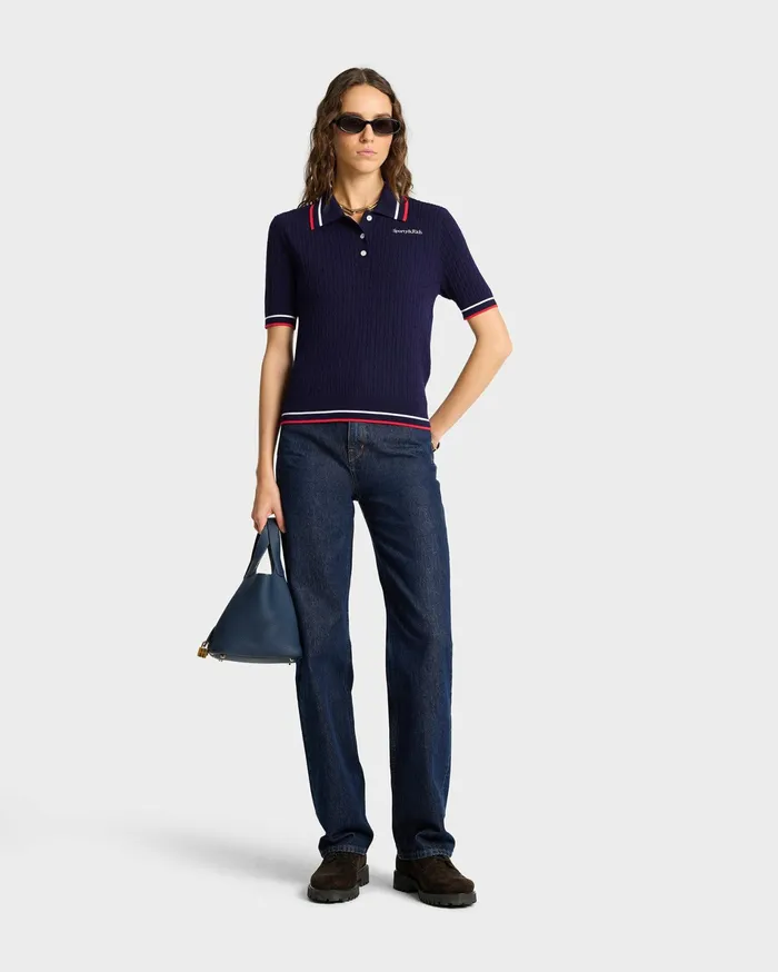 Sporty and Rich TShirts and Tops Women Serif Logo Mini Cable Polo 8211 NavyOff WhiteRed