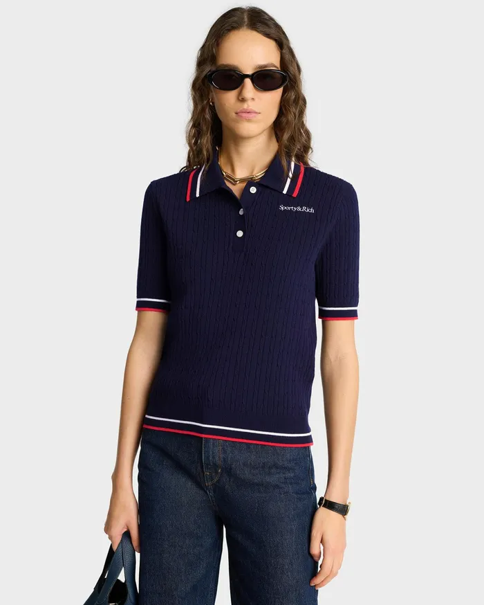 Sporty and Rich TShirts and Tops Women Serif Logo Mini Cable Polo 8211 NavyOff WhiteRed