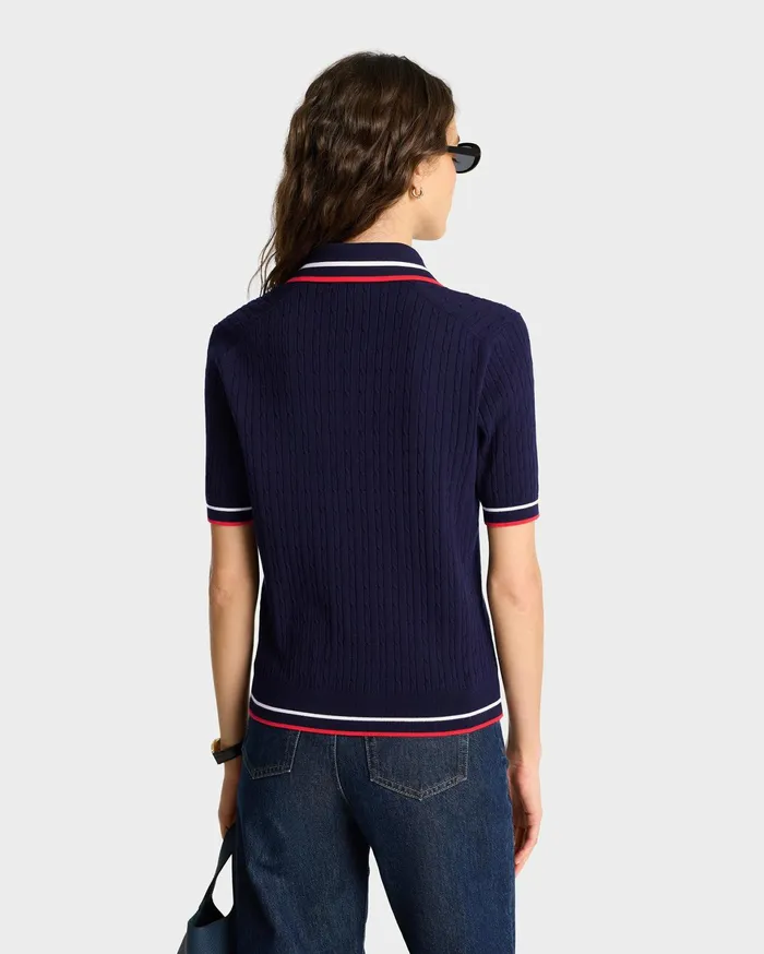 Sporty and Rich TShirts and Tops Women Serif Logo Mini Cable Polo 8211 NavyOff WhiteRed