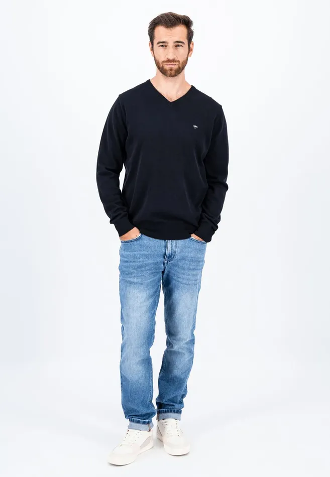 Sweater Men FYNCHHATTON Cotton Knitting Sweater With Vneckline Vibrant Bluenew Dijonrustruby Redflamepale Blushfuchsiadark Teal