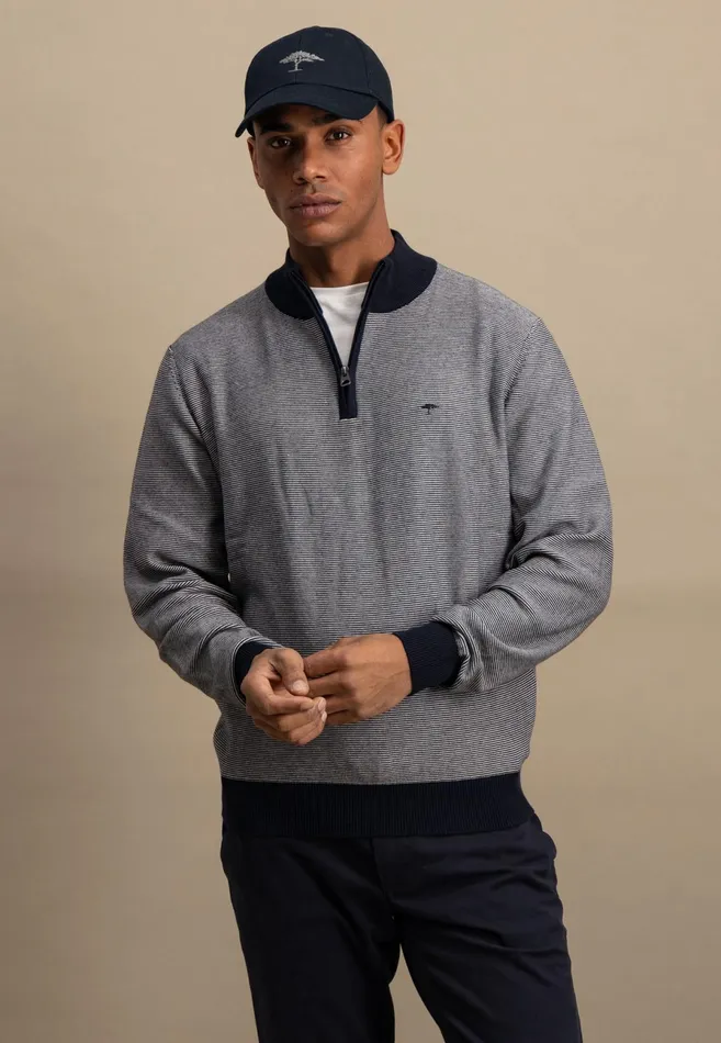 Sweater Men FYNCHHATTON Knitting Sweater With Troyer Collar In TwoColorLook Navy