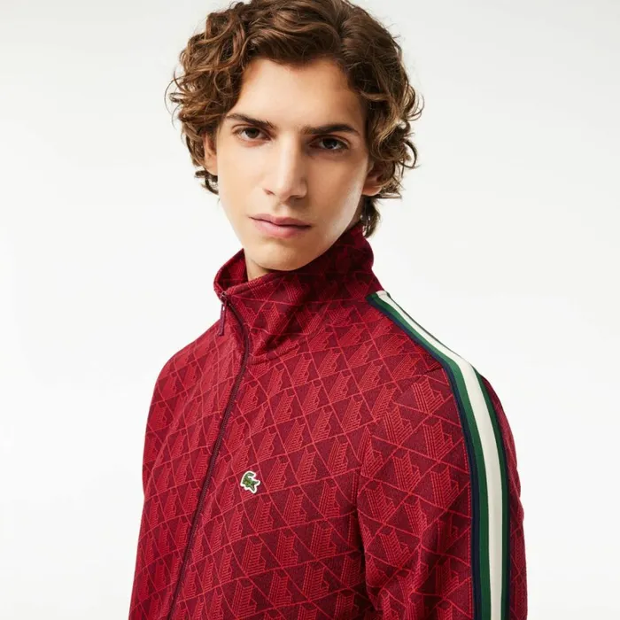 Sweaters and Sweatshirts Men Lacoste Men039s Paris Monogram ZipUp Sweatshirt Bordeaux Red Swm