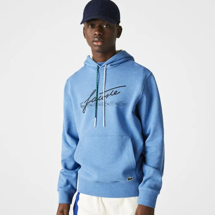 Sweaters and Sweatshirts Men Lacoste Men039s Signature Flecked Cotton Fleece Hoodie Blue Chine Hg3