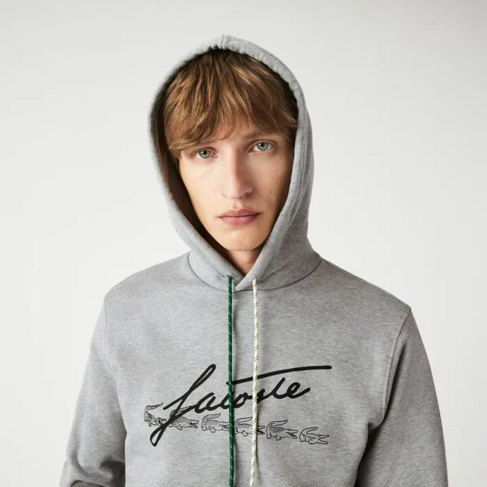 Sweaters and Sweatshirts Men Lacoste Men039s Signature Flecked Cotton Fleece Hoodie Grey Chine 4jv