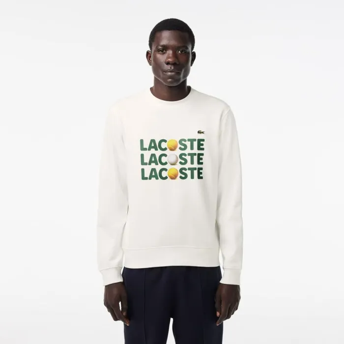 Sweaters and Sweatshirts Men Lacoste Men039s Tennis Ball Print Fleece Sweatshirt White 70v