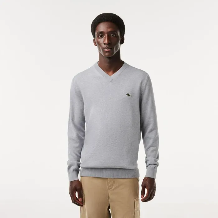 Sweaters and Sweatshirts Men Lacoste Men039s VNeck Organic Cotton Sweater Grey Chine Cca