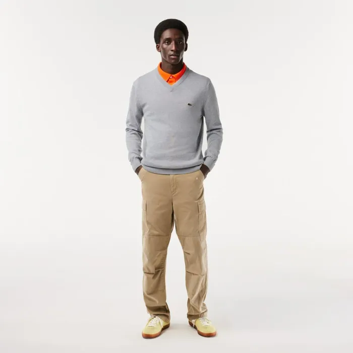 Sweaters and Sweatshirts Men Lacoste Men039s VNeck Organic Cotton Sweater Grey Chine Cca