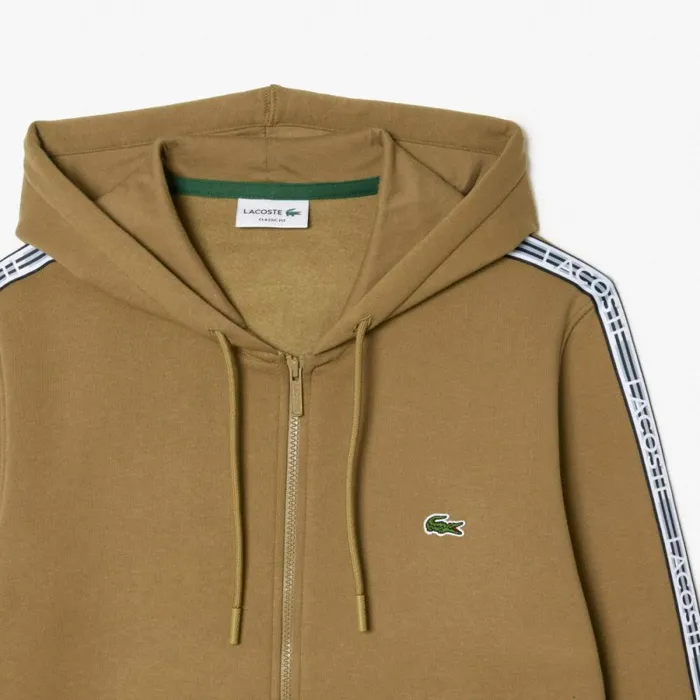 Sweaters and Sweatshirts Men Lacoste Mens Classic Fit Branded Stripes ZipUp Hoodie Brown Six