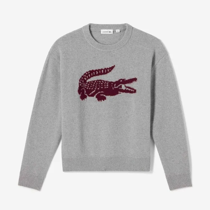 Sweaters and Sweatshirts Women Lacoste Women039s Lacoste X Bandier Contrast Crocodile Sweater Grey Chine Bordeaux Iq3