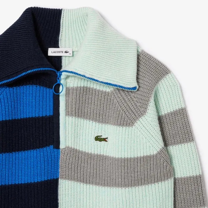 Sweaters and Sweatshirts Women Lacoste Women039s Wool Zip Neck Contrast Stripe Colorblock Sweater Grey Chine Navy Blue Blue White Light Blue L0i