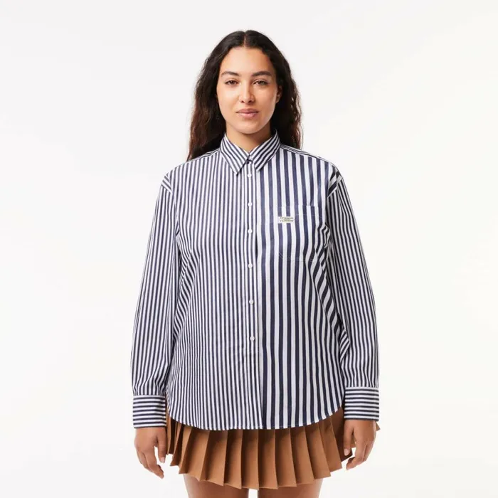 TShirts and Tops Women Lacoste Women039s Striped Cotton Poplin Shirt Navy Blue White 525