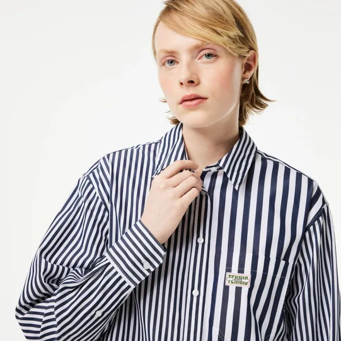 TShirts and Tops Women Lacoste Women039s Striped Cotton Poplin Shirt Navy Blue White 525