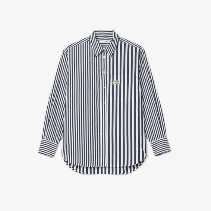 TShirts and Tops Women Lacoste Women039s Striped Cotton Poplin Shirt Navy Blue White 525