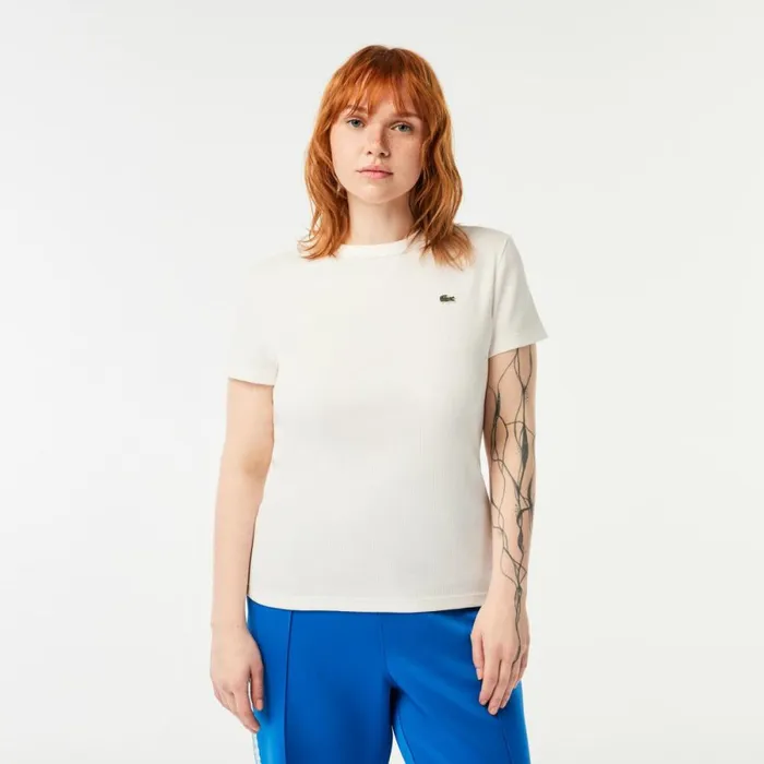 TShirts and Tops Women Lacoste Womens Slim Fit Ribbed Cotton TShirt White 70v